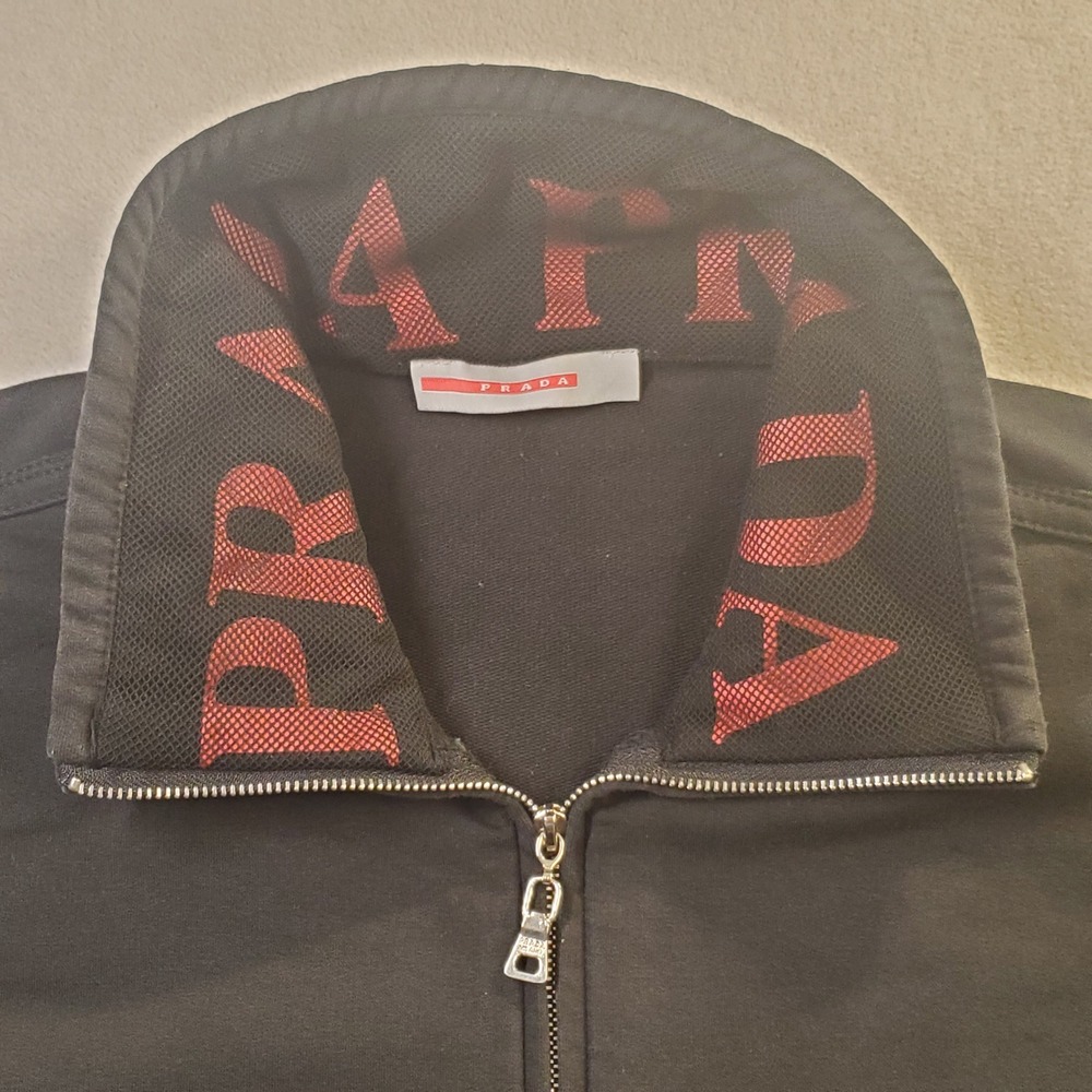 Prada Mens Quarter Zip Pullover Black Red Logo Mesh Collar Mock Neck Sweatshirt - Picture 15 of 16